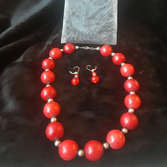 Hand crafted red pearl like Necklace + matching E - Picture 3 of 5